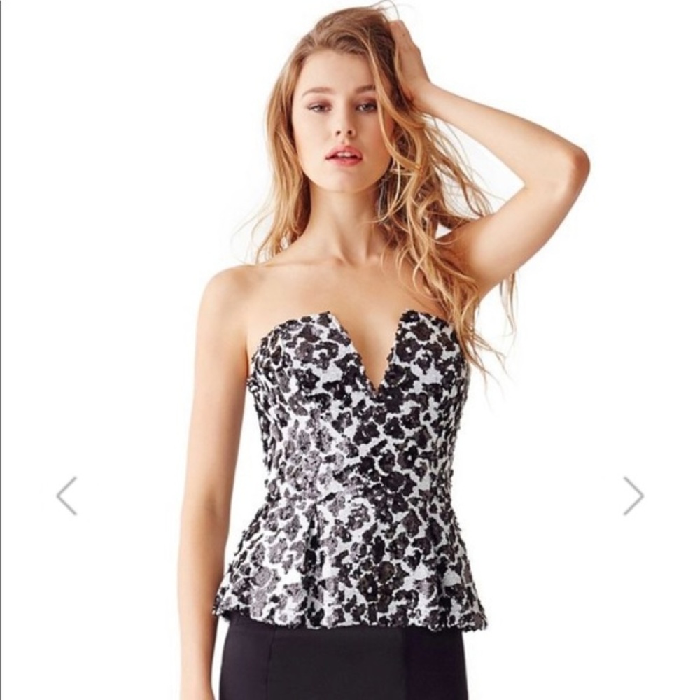 GUESS sequin black and white strapless top